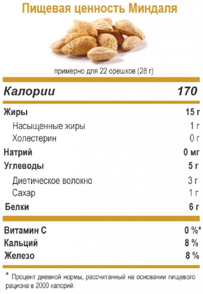 Орехи миндаль: калорийность на 100 грамм, в 1 шт., польза, вред, бжу