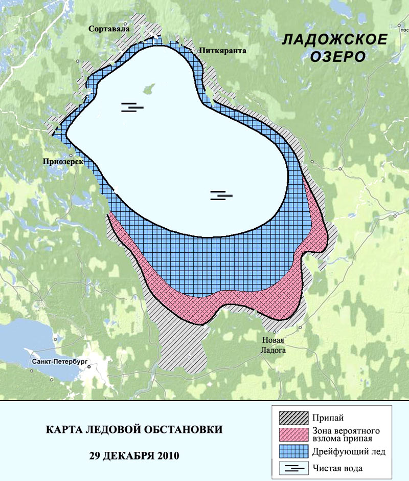 Ледовая обстановка и карта замерзания Ладожского озера