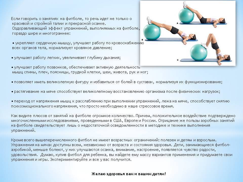 Упражнения на фитболе (гимнастический мяч):  на пресс, спину, ноги и руки