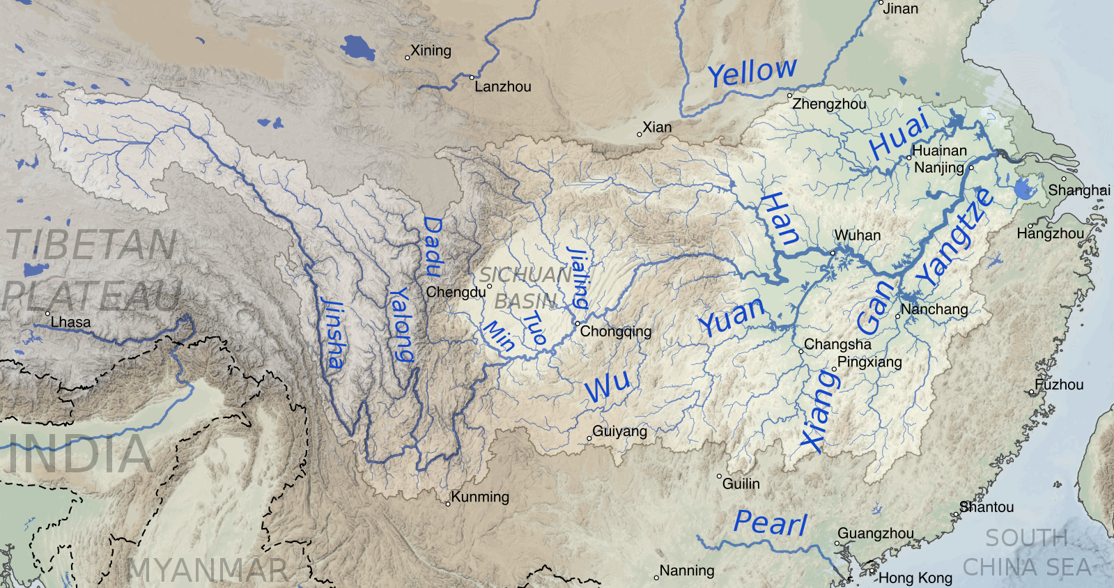 Где на контурной карте находится река янцзы. Водосборный бассейн реки Янцзы. Бассейн реки Янцзы на карте. Бассейн реки Хуанхэ и Янцзы. Бассейн реки Хуанхэ на карте.