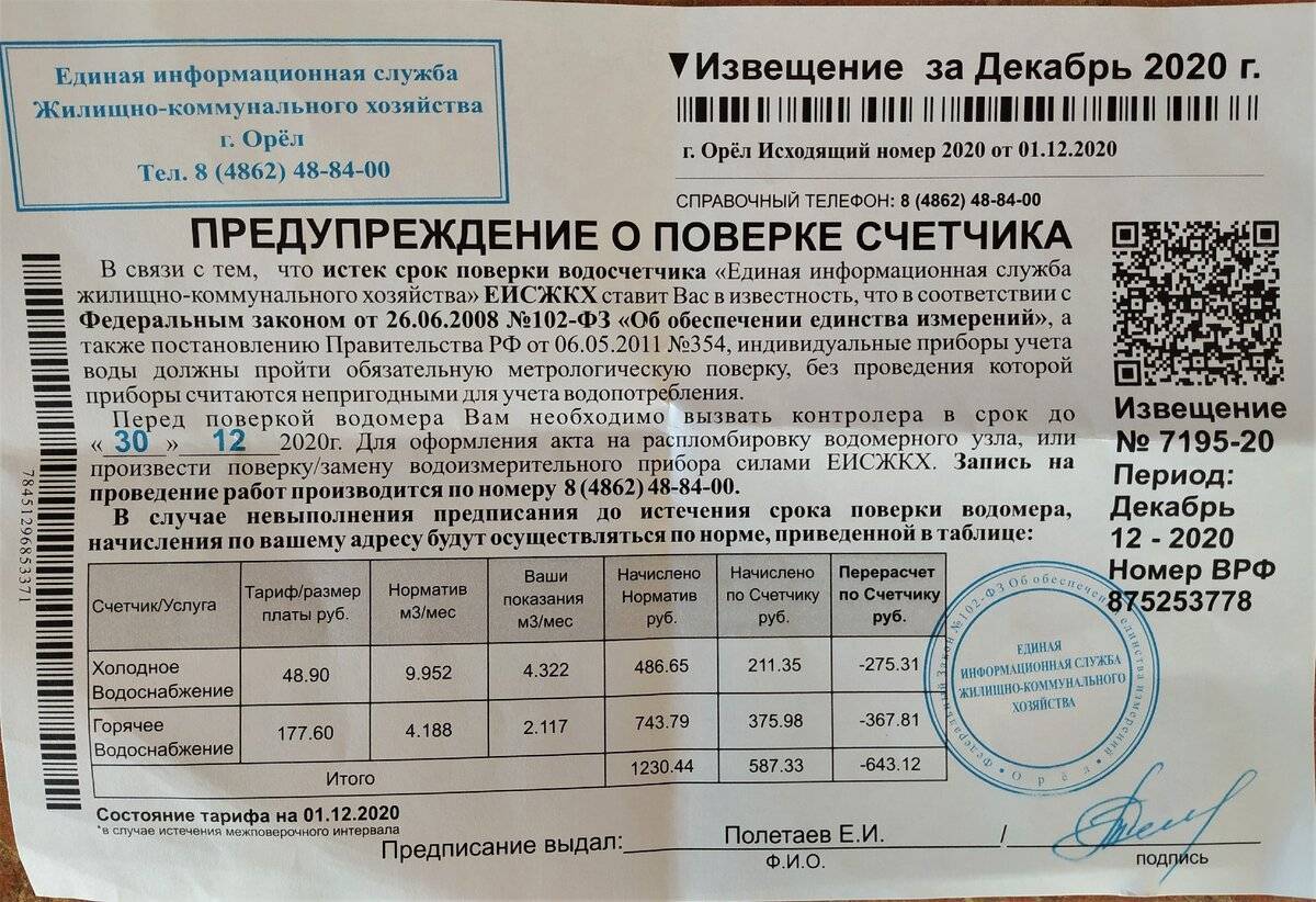 Акт поверки счетчиков воды, свидетельство и другие документы