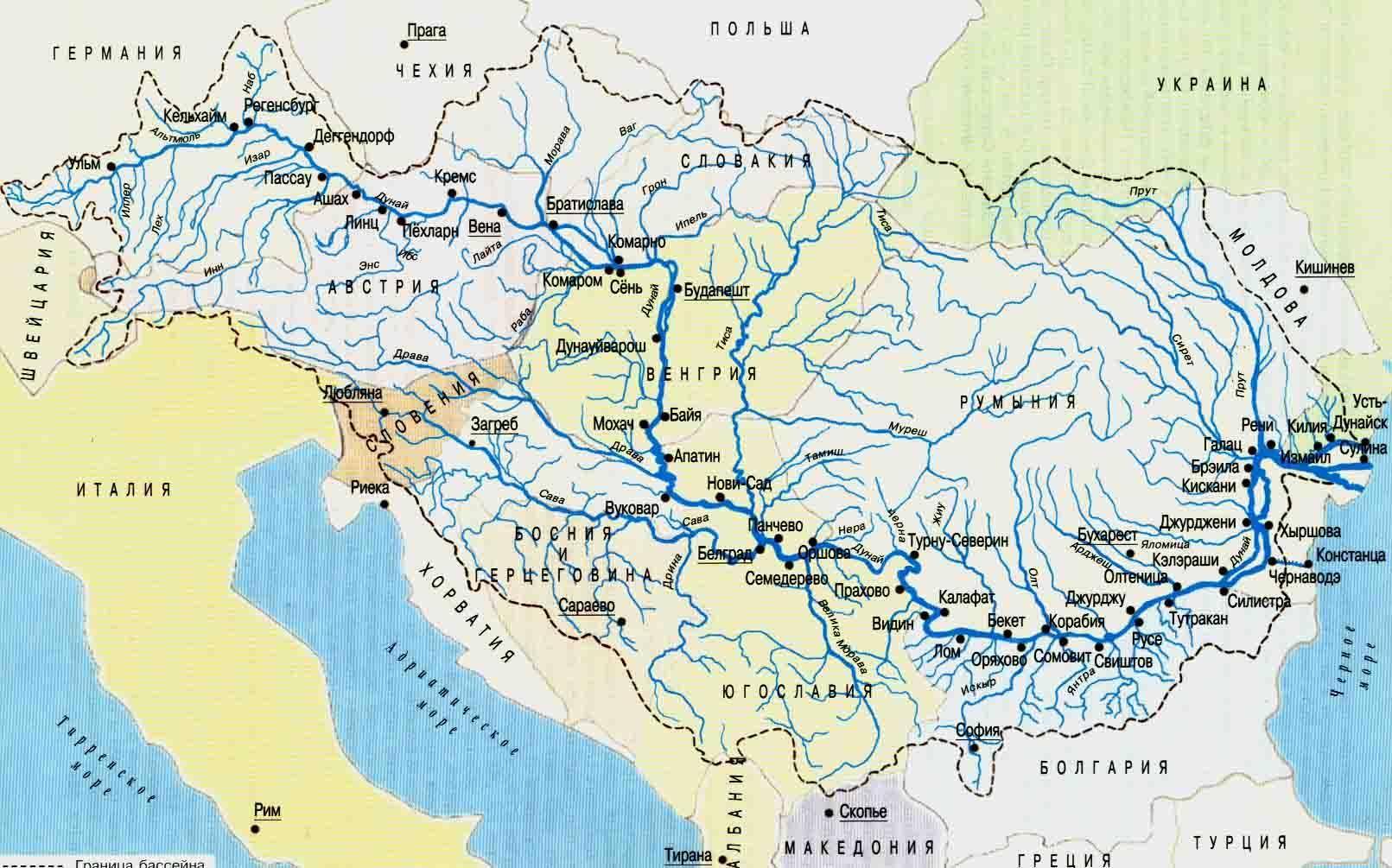 Какие реки протекают в европе. Бассейн реки Дунай на карте. Река Дунай на географической карте. Река Дунай на карте. Исток реки Дунай на карте.